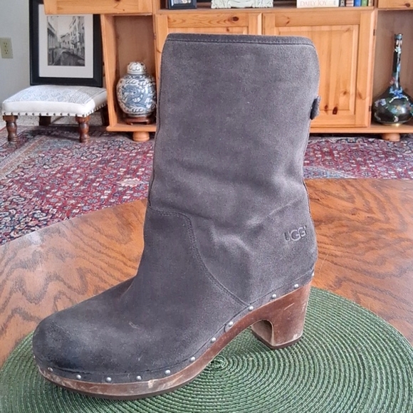 UGG Suede Boho Shearling Wood Heeled Lynnea Boots Size 9 - Picture 1 of 13
